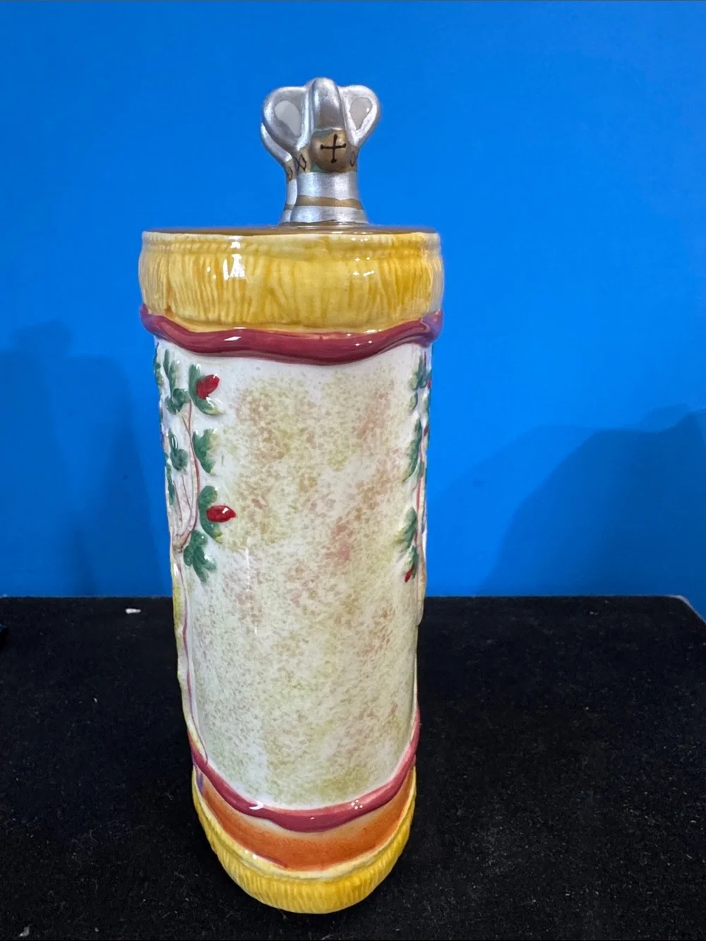 vintage hand-painted ceramic Tzedakah box (charity bank)  by Plaut Judaica.